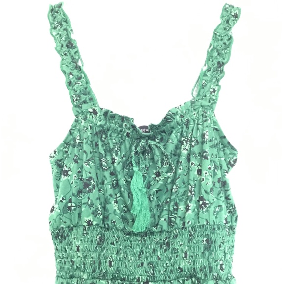 Lily Morgan Mini Dress Floral S Royal Green Black Tie Front Smocked Waist - Picture 3 of 16